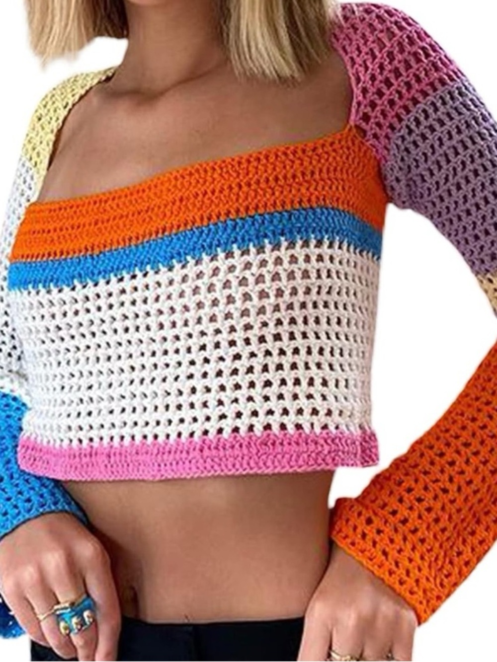 Colorblock Crochet Square Neck Crop Top - Multicolor